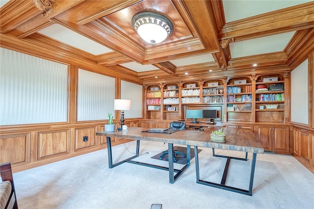 522 Salem Hts, Pine Twp, PA 15044 - office with light carpet, built in shelves, ornamental molding, built in study area, and wood walls
