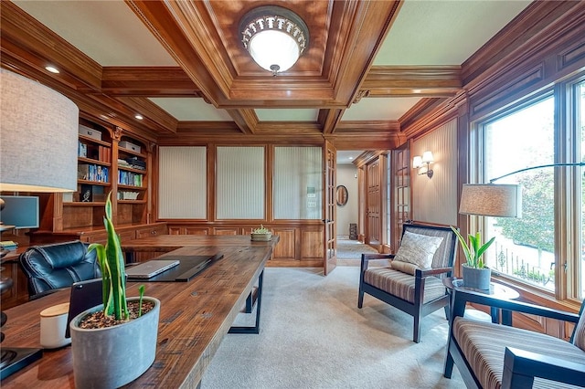 522 Salem Hts, Pine Twp, PA 15044 - office space with a decorative wall, crown molding, light colored carpet, beamed ceiling, and coffered ceiling