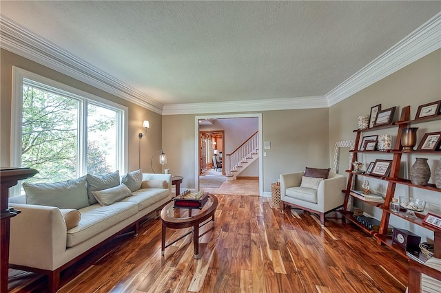 522 Salem Hts, Pine Twp, PA 15044 - living area featuring wood finished floors, crown molding, a textured ceiling, and stairs