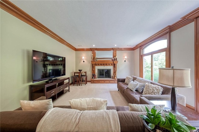 522 Salem Hts, Pine Twp, PA 15044 - living room with ornamental molding, a large fireplace, and light carpet