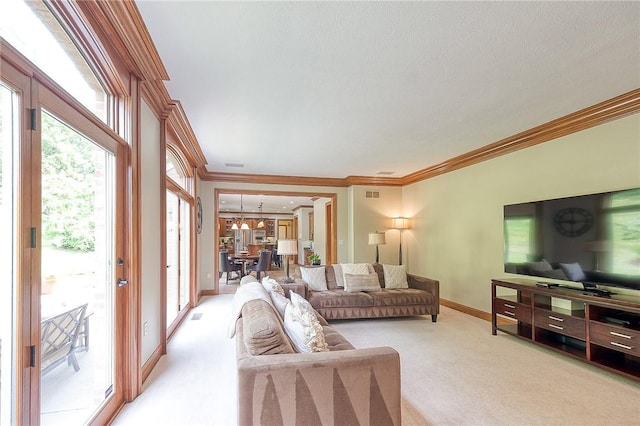 522 Salem Hts, Pine Twp, PA 15044 - living room with light colored carpet, ornamental molding, and a chandelier