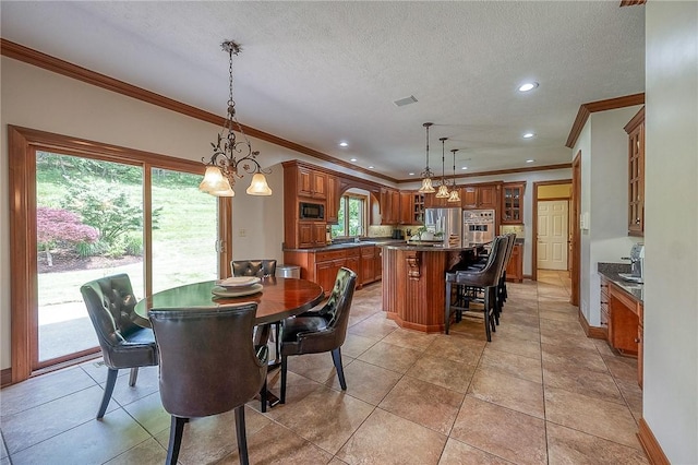 522 Salem Hts, Pine Twp, PA 15044 - dining space featuring ornamental molding, a textured ceiling, recessed lighting, a chandelier, and light tile patterned floors