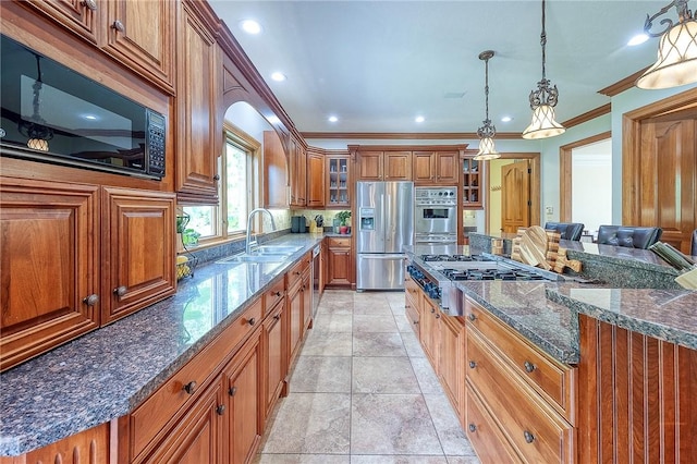 522 Salem Hts, Pine Twp, PA 15044 - kitchen with appliances with stainless steel finishes, brown cabinets, tasteful backsplash, dark stone countertops, and crown molding