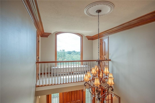 522 Salem Hts, Pine Twp, PA 15044 - detailed view of ornamental molding, a chandelier, and a textured ceiling