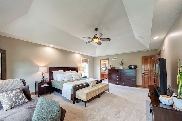 522 Salem Hts, Pine Twp, PA 15044 - bedroom featuring a tray ceiling, light colored carpet, lofted ceiling, recessed lighting, and ceiling fan