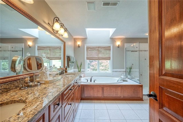 522 Salem Hts, Pine Twp, PA 15044 - bathroom with a skylight, a bath, double vanity, tiled shower, and tile patterned floors