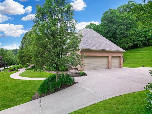 522 Salem Hts, Pine Twp, PA 15044 - view of property exterior featuring concrete driveway, roof with shingles, brick siding, and a yard