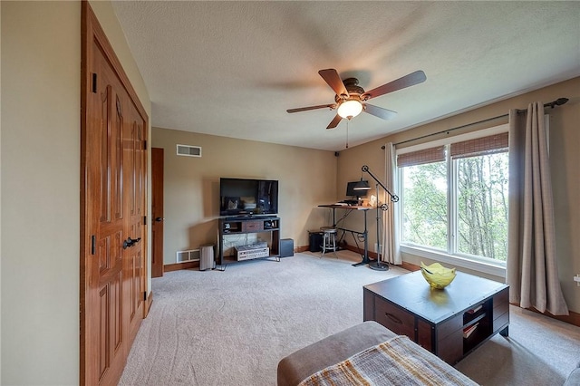 522 Salem Hts, Pine Twp, PA 15044 - living room with a ceiling fan, light carpet, and a textured ceiling