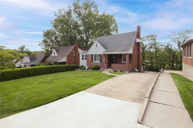 111 E Manilla, Green Tree, PA 15220 - view of front of home with a front lawn, brick siding, a chimney, driveway, and roof with shingles