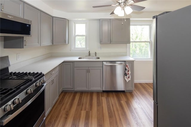 111 E Manilla, Green Tree, PA 15220 - kitchen with stainless steel appliances, gray cabinetry, a ceiling fan, wood finished floors, and light countertops