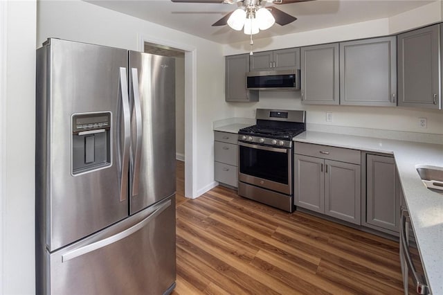 111 E Manilla, Green Tree, PA 15220 - kitchen featuring appliances with stainless steel finishes, gray cabinets, ceiling fan, and light countertops