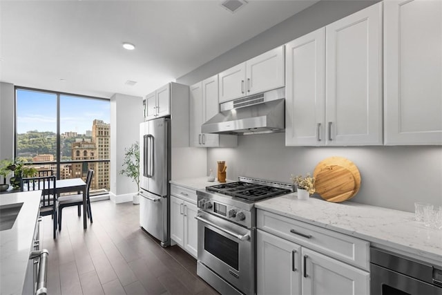 350 Oliver Ave Unit 1301/1401, Downtown Pgh, PA 15222 - kitchen featuring under cabinet range hood, appliances with stainless steel finishes, dark wood finished floors, light stone counters, and white cabinetry