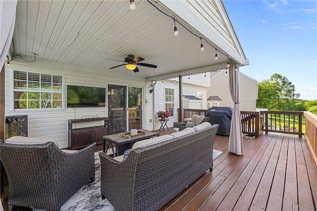 706 Williamsburg Ct, Cranberry Twp, PA 16066 - wooden deck with an outdoor hangout area, ceiling fan, and area for grilling
