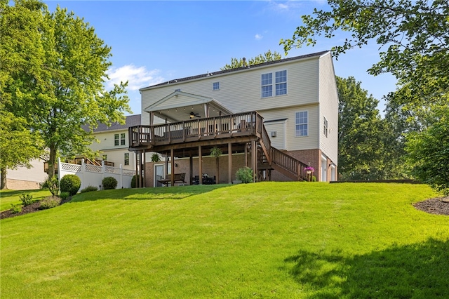 706 Williamsburg Ct, Cranberry Twp, PA 16066 - back of house with a wooden deck, ceiling fan, stairs, and a yard