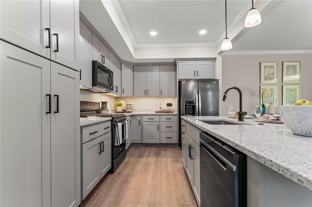 106 Anderson Sta, Peters Twp, PA 15367 - kitchen featuring range, dishwashing machine, black microwave, ornamental molding, and gray cabinetry