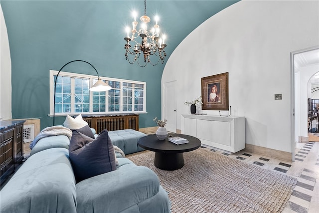 1808 Beechwood Blvd, Squirrel Hill, PA 15217 - living area featuring arched walkways, a chandelier, and high vaulted ceiling