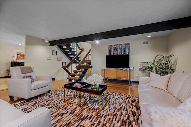 101 Jane Kirk Ct, Center Twp, PA 15001 - living area with wood finished floors, beamed ceiling, stairs, and recessed lighting