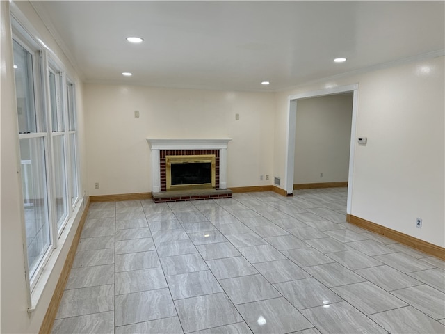 2350 Mount Vernon Ave, Murrysville, PA 15632 - unfurnished living room with recessed lighting, a brick fireplace, and crown molding