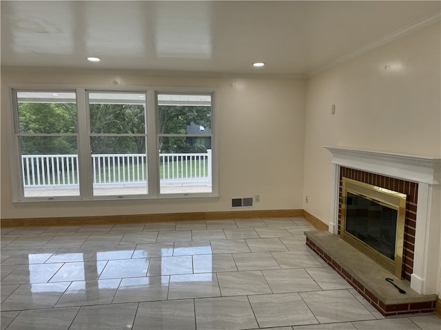 2350 Mount Vernon Ave, Murrysville, PA 15632 - unfurnished living room featuring a brick fireplace, ornamental molding, and recessed lighting