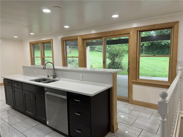 2350 Mount Vernon Ave, Murrysville, PA 15632 - kitchen with dishwasher, dark cabinetry, light countertops, an island with sink, and recessed lighting