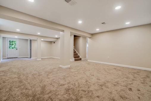 228 Kuehn Dr, Penn Twp, PA 15085 - basement featuring carpet, stairs, and recessed lighting