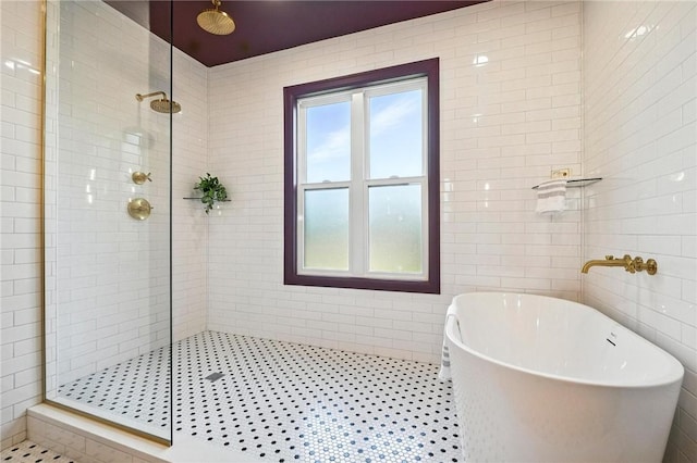 605 N Beatty, East Liberty, PA 15206 - bathroom featuring a tile shower, a freestanding tub, and tile walls