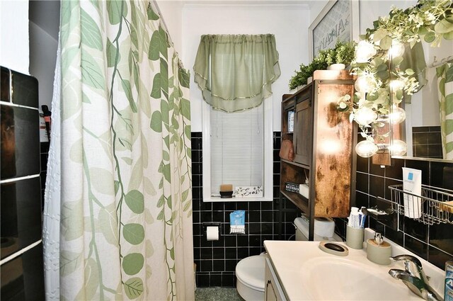 300 Sherman Ave, Dravosburg, PA 15034 - bathroom featuring tile walls, ornamental molding, vanity, and a shower with shower curtain