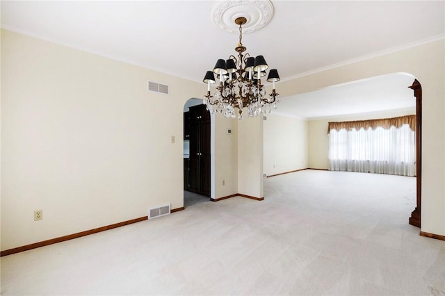 3215 Concord St, Neshannock Twp, PA 16105 - empty room with arched walkways, light carpet, a chandelier, and ornamental molding