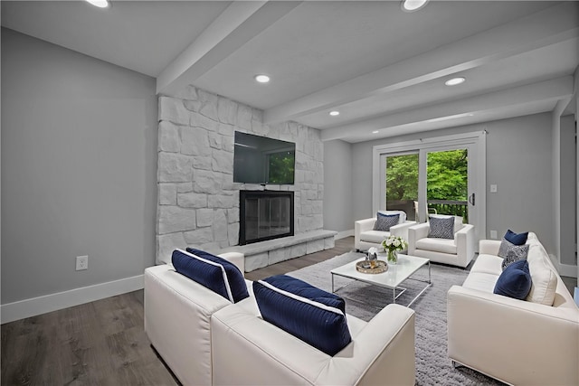 240 Wallingford Dr, Ross Twp, PA 15237 - living area with beam ceiling, wood finished floors, recessed lighting, and a stone fireplace