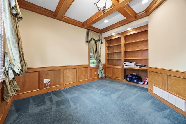 402 Providence Ct, Adams Twp, PA 16059 - unfurnished office with a wainscoted wall, beamed ceiling, coffered ceiling, a decorative wall, and carpet