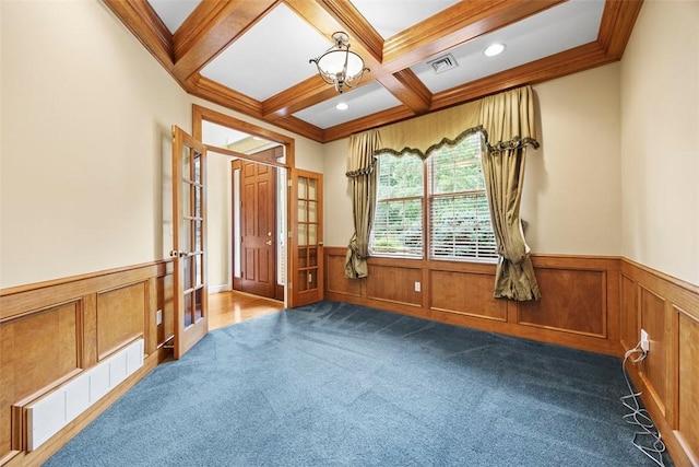 402 Providence Ct, Adams Twp, PA 16059 - carpeted spare room with french doors, a wainscoted wall, beam ceiling, coffered ceiling, and ornamental molding