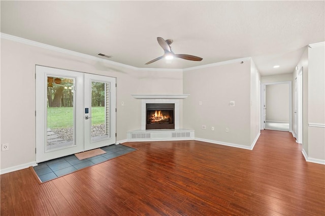 3011 Lenox Oval, Ross Twp, PA 15237 - unfurnished living room featuring wood finished floors, a ceiling fan, ornamental molding, and a tile fireplace