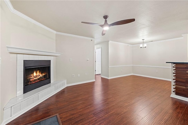 3011 Lenox Oval, Ross Twp, PA 15237 - unfurnished living room with a fireplace, wood finished floors, ornamental molding, and a ceiling fan