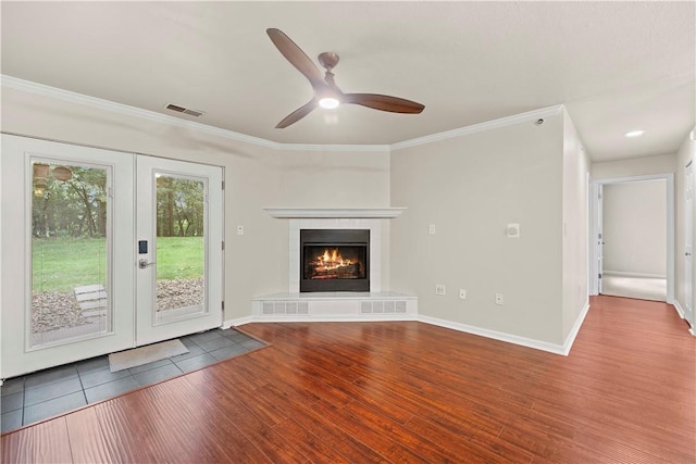 3011 Lenox Oval, Ross Twp, PA 15237 - unfurnished living room with french doors, ceiling fan, wood finished floors, crown molding, and a fireplace