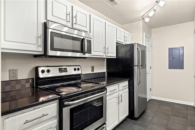 3011 Lenox Oval, Ross Twp, PA 15237 - kitchen with appliances with stainless steel finishes, electric panel, dark countertops, white cabinets, and dark tile patterned floors