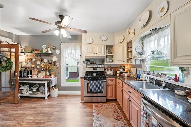 131 Heckman Rd, Delaware Twp, PA 16124 - kitchen featuring stainless steel appliances, open shelves, a ceiling fan, dark countertops, and healthy amount of natural light