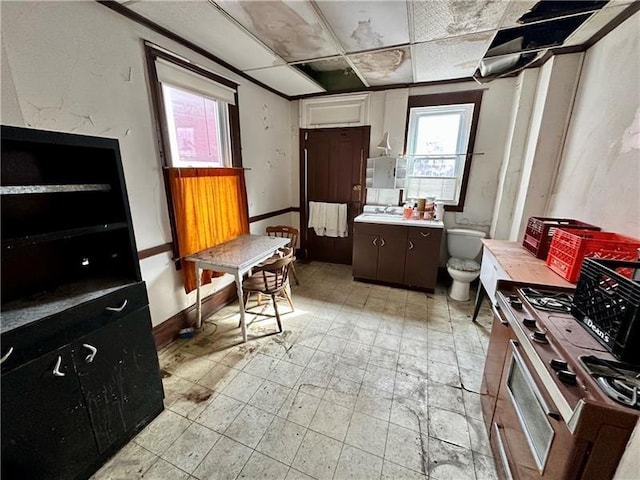 119 Van Braam St, Downtown Pgh, PA 15219 - kitchen featuring gas range, light countertops, white cabinetry, and light flooring