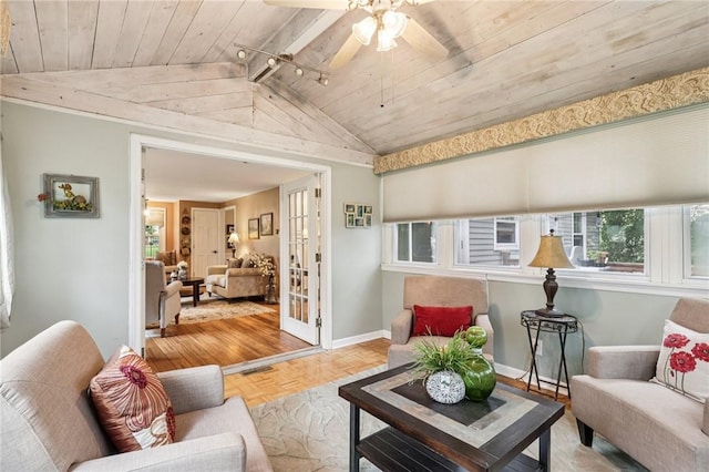 108 Colonial Dr, Leet Twp, PA 15143 - living room with wooden ceiling, plenty of natural light, vaulted ceiling, ceiling fan, and french doors