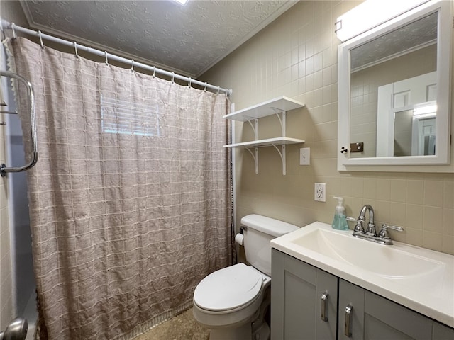 43 Barton Mill Rd, South Union Twp, PA 15401 - bathroom featuring a textured ceiling, vanity, tile walls, tasteful backsplash, and a shower with shower curtain