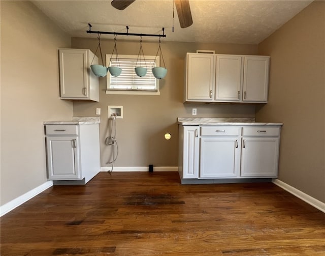 43 Barton Mill Rd, South Union Twp, PA 15401 - laundry room featuring ceiling fan, washer hookup, dark wood-style floors, track lighting, and a textured ceiling