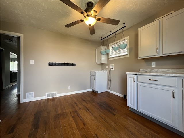 43 Barton Mill Rd, South Union Twp, PA 15401 - kitchen with a textured ceiling, dark wood finished floors, light countertops, a ceiling fan, and plenty of natural light