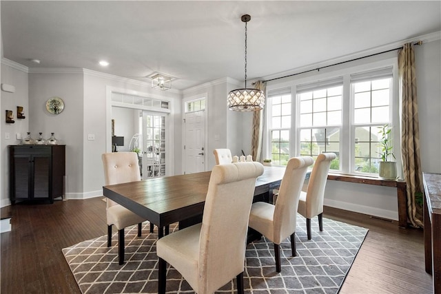1761 Stevensan Dr, Franklin Park, PA 15143 - dining room featuring crown molding, healthy amount of natural light, dark wood-style flooring, a chandelier, and recessed lighting