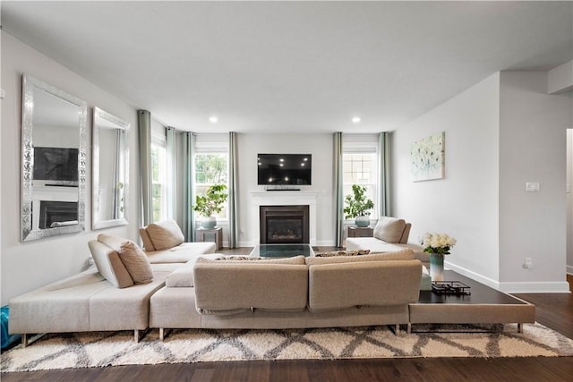 1761 Stevensan Dr, Franklin Park, PA 15143 - living room featuring a glass covered fireplace, wood finished floors, and recessed lighting