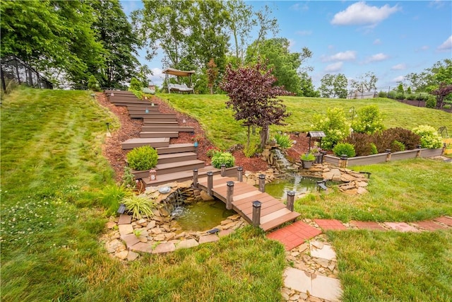 1761 Stevensan Dr, Franklin Park, PA 15143 - view of green lawn featuring stairs and a boat dock