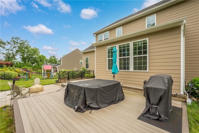 1761 Stevensan Dr, Franklin Park, PA 15143 - wooden terrace featuring a playground and grilling area
