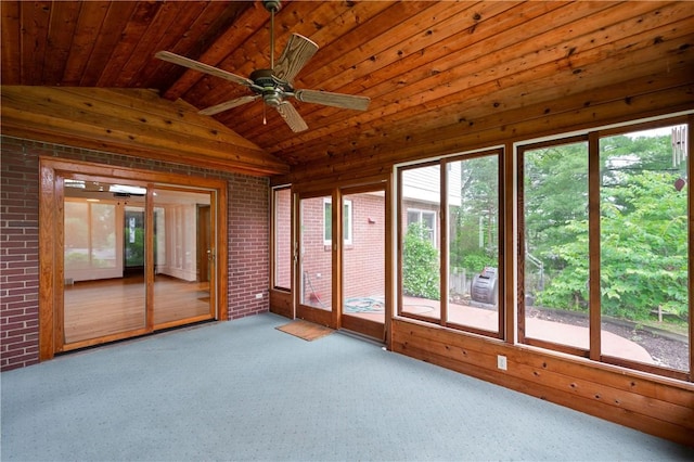 131 Windgate Dr, Marshall, PA 15090 - unfurnished sunroom with vaulted ceiling, carpet flooring, wooden ceiling, brick wall, and wood walls