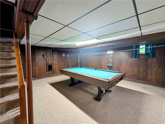 373 Pittsburgh St, Derry Twp, PA 15671 - rec room featuring a drop ceiling, carpet flooring, pool table, and wood walls
