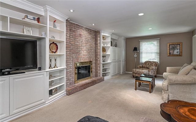 2276 Rochester Rd, Franklin Park, PA 15237 - living room with light carpet, a fireplace, recessed lighting, and built in shelves