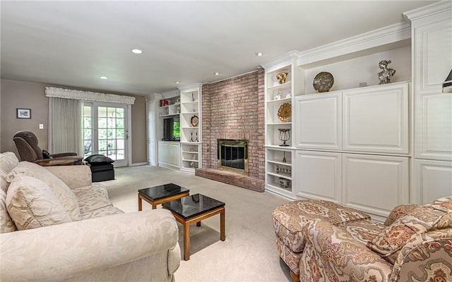 2276 Rochester Rd, Franklin Park, PA 15237 - living room with light colored carpet, a fireplace, recessed lighting, and built in features