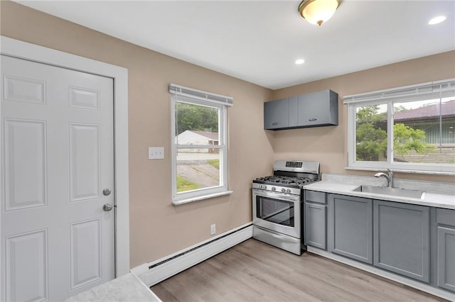 1048 Unity Center Rd, Plum Boro, PA 15239 - kitchen featuring gray cabinets, gas stove, baseboard heating, light wood-style floors, and recessed lighting